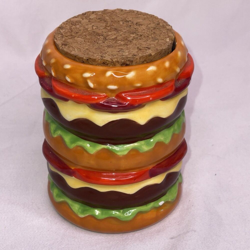 CHEESEBURGER Cork lid Herb,Tea,  Jar Ceramic Container Small Novelty